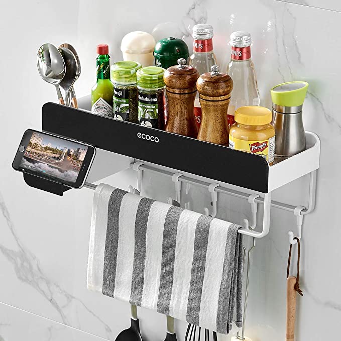 Racks Bathroom Shelf Storage Organizer With Towel Bar & Hooks.