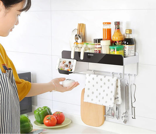 Racks Bathroom Shelf Storage Organizer With Towel Bar & Hooks.