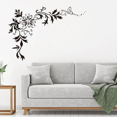 Black Floral Corner Vine and Butterfly Wall Sticker Decal