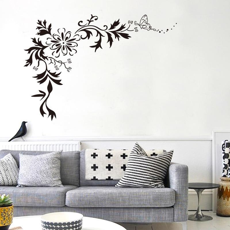 Black Floral Corner Vine and Butterfly Wall Sticker Decal