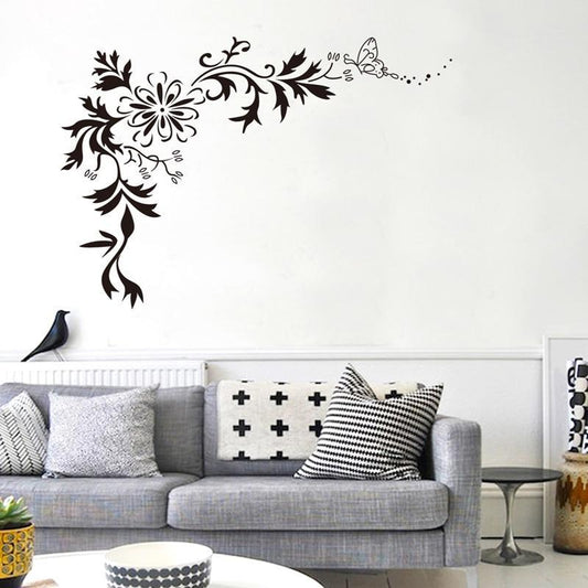 Black Floral Corner Vine and Butterfly Wall Sticker Decal