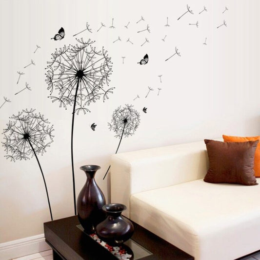 Black Dandelion Butterfly Vinyl PVC Wall Sticker AY-834 Floral Wall Paper PVC Removeable Wall Decor
