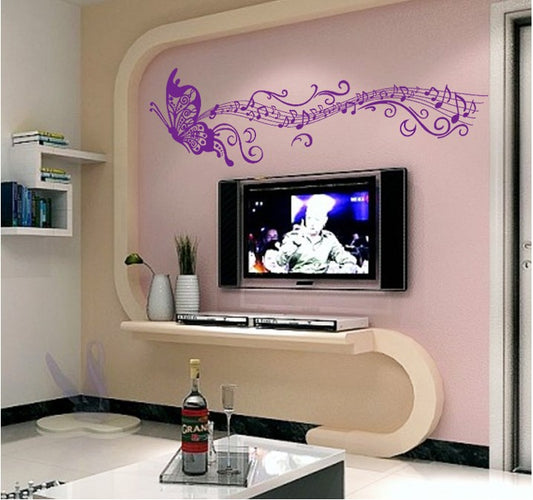 CC6913 LP DIY Modern Design Stave Music Purple Butterfly Vinyl Wall Sticker.