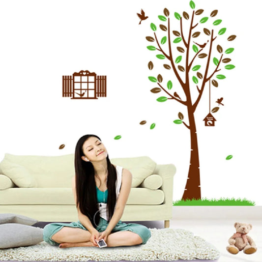 Large Tree Wall Decal with Birds, Swing, Birdhouse, Leaves Decor