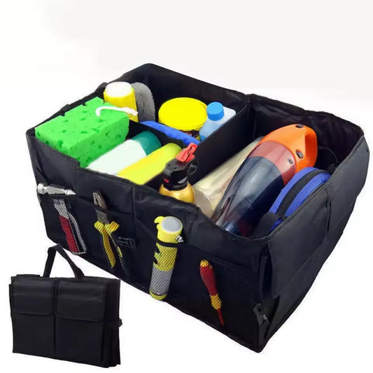 Foldable Car Trunk Organizer Heavy-Duty 600D Oxford Fabric, Multi-Compartment Storage with Non-Slip Bottom & Reinforced Handles.
