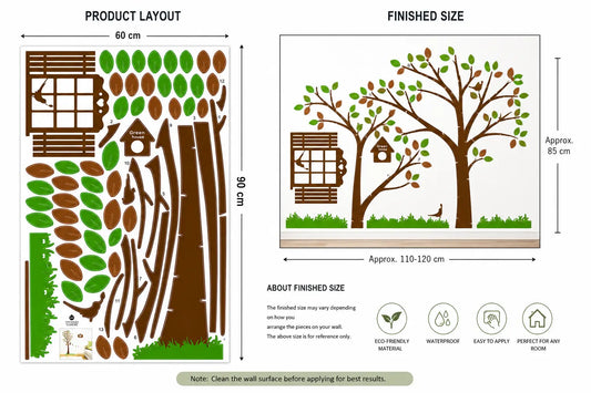 Large Tree Wall Decal with Birds, Swing, Birdhouse, Leaves Decor