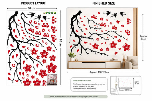 Cherry Blossom Tree Branch and Flying Birds Wall Sticker