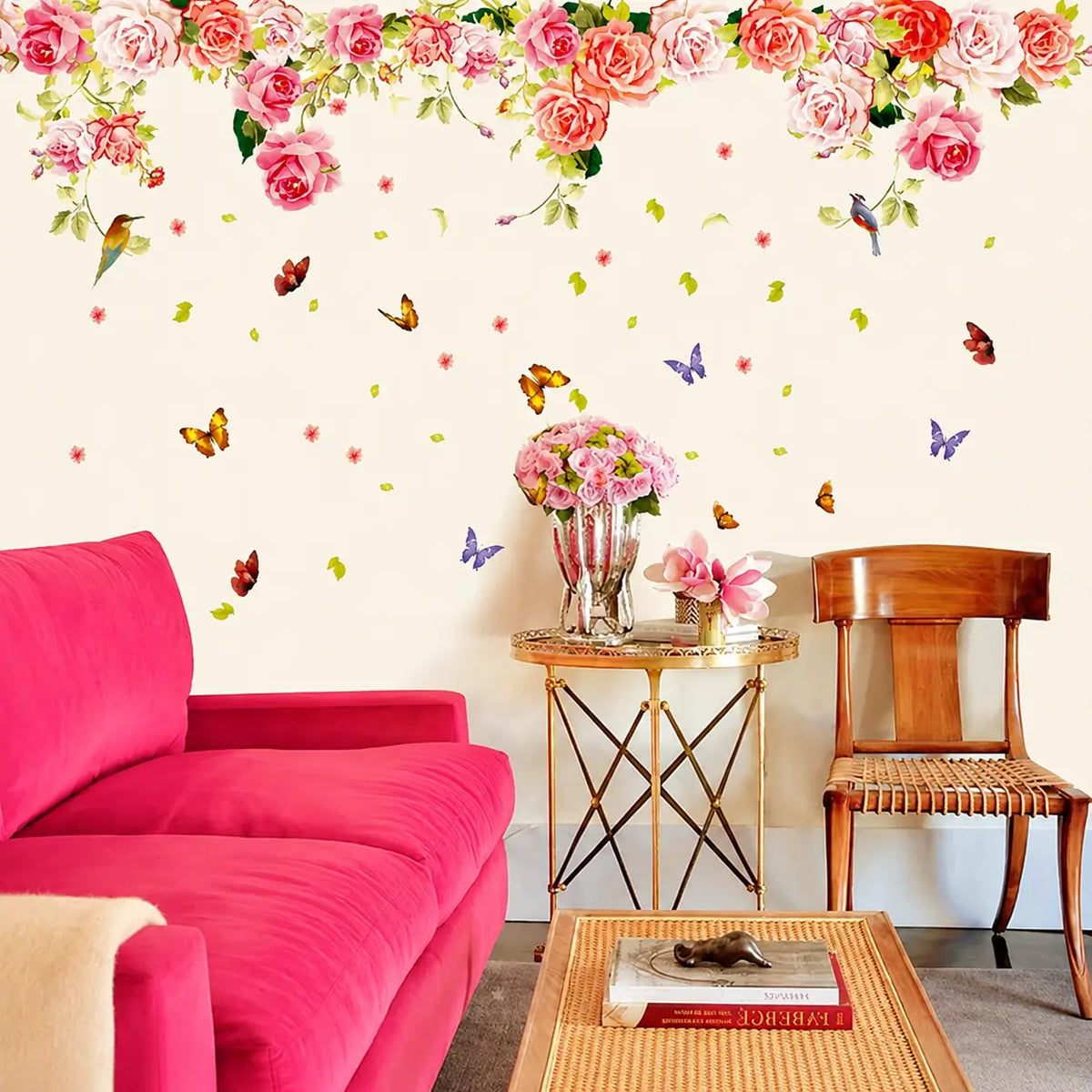 Pink Rose Floral Wall Stickers with Butterflies and Birds Décor