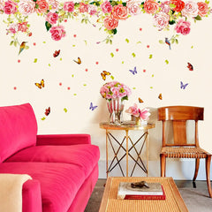 Pink Rose Floral Wall Stickers with Butterflies and Birds Décor