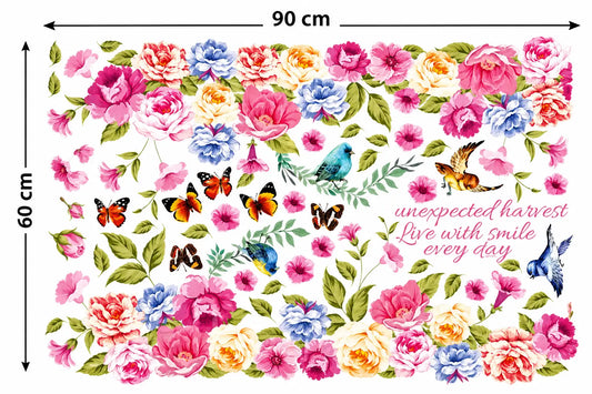 Colourful Peony Flower Wall Sticker with Birds & Butterflies – Floral Decal