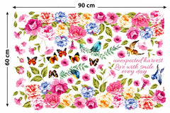 Colourful Peony Flower Wall Sticker with Birds & Butterflies – Floral Decal