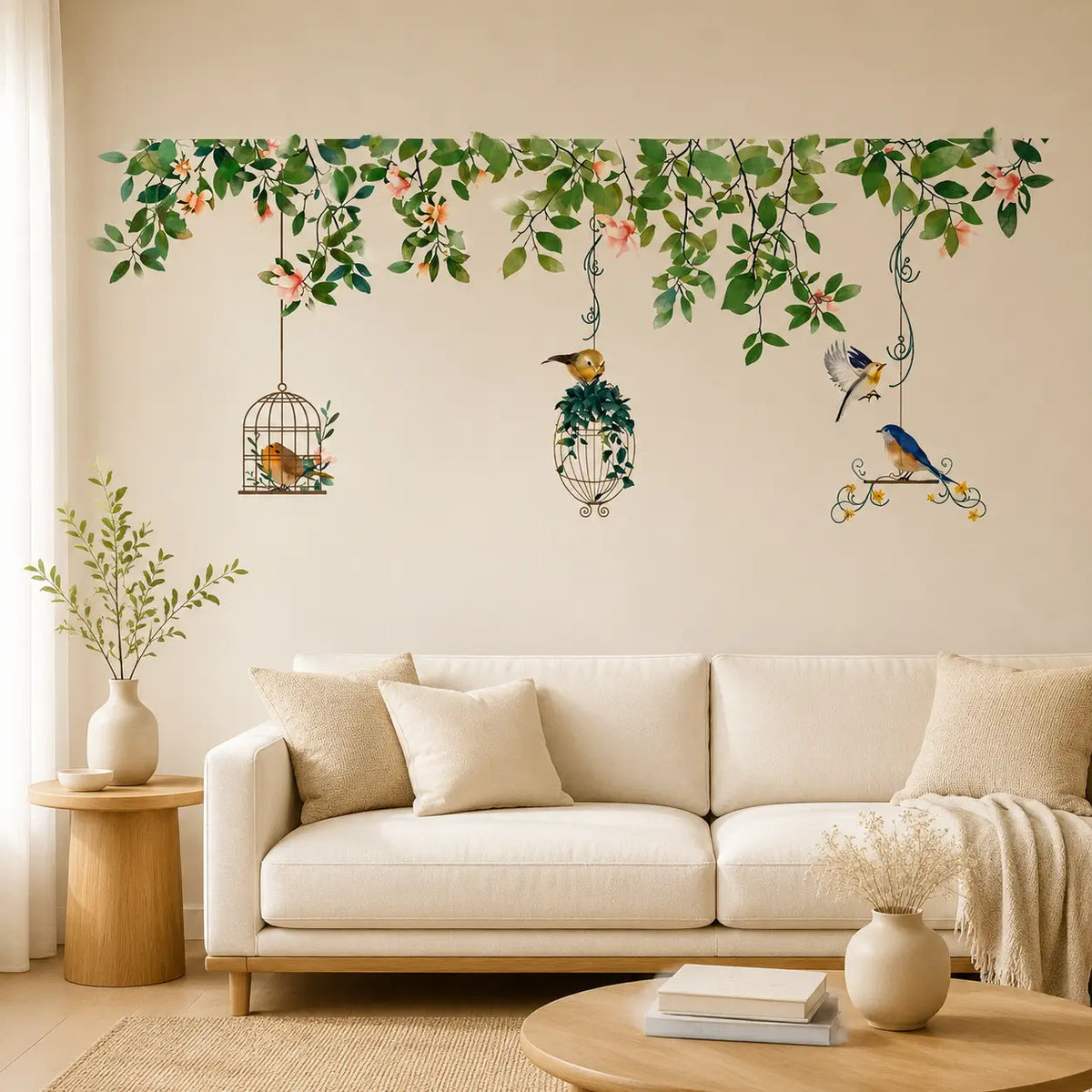 Botanical Bird Cage Wall Stickers – Green Leaf and Floral Wall Decal for Living Room