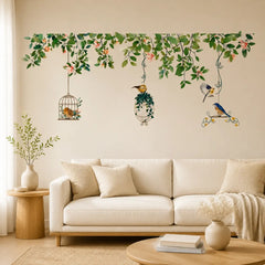 Botanical Bird Cage Wall Stickers – Green Leaf and Floral Wall Decal for Living Room