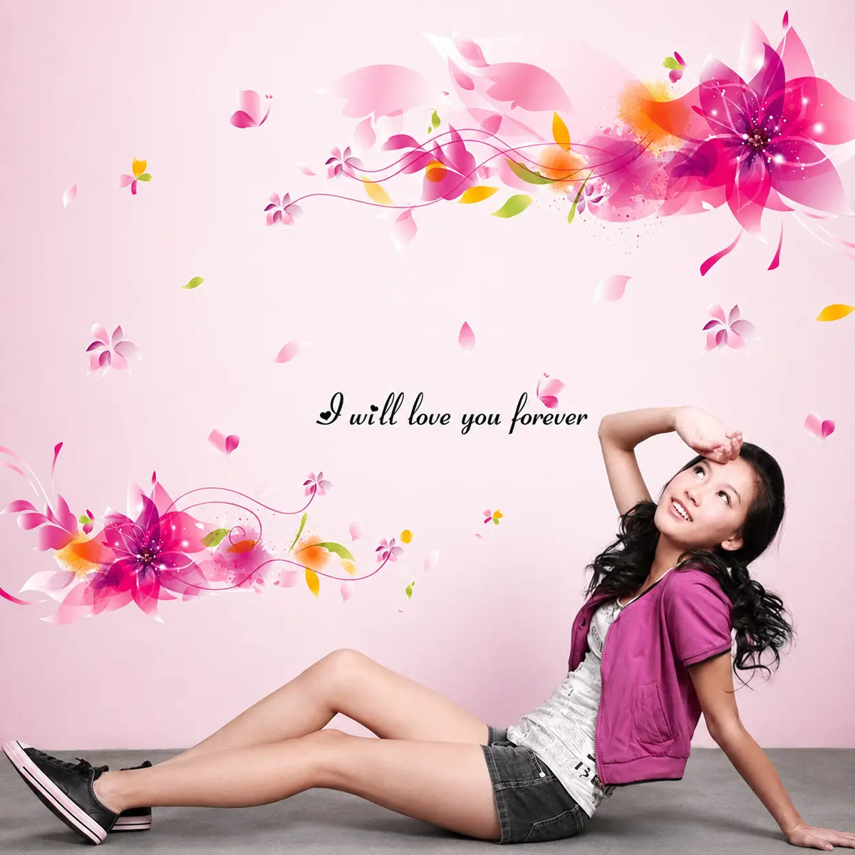Pink Floral & Butterfly Wall Sticker – Romantic Wall Decor