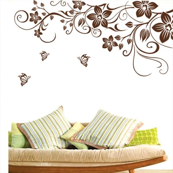 Brown Butterfly and Flower PVC Wall Sticker Floral Wall Paper Home Decor  Brown Vinyl Wall Art Decal