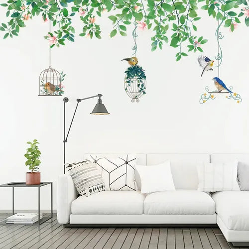 Hanging Birdcages and Green Leafy Vines Wall Sticker Decor