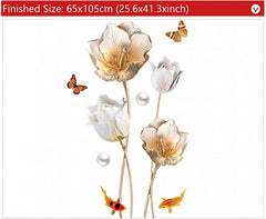 3D Floral Wall Sticker with Butterflies & Golden Fish Elegant Self-Adhesive Art for Living Room or Bedroom Decor.