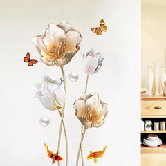 3D Floral Wall Sticker with Butterflies & Golden Fish Elegant Self-Adhesive Art for Living Room or Bedroom Decor.