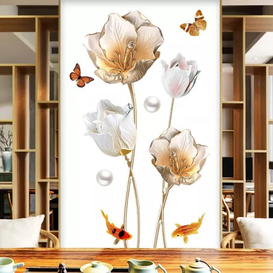 3D Floral Wall Sticker with Butterflies & Golden Fish Elegant Self-Adhesive Art for Living Room or Bedroom Decor.