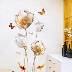 3D Floral Wall Sticker with Butterflies & Golden Fish Elegant Self-Adhesive Art for Living Room or Bedroom Decor.