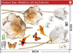 3D Floral Wall Sticker with Butterflies & Golden Fish Elegant Self-Adhesive Art for Living Room or Bedroom Decor.
