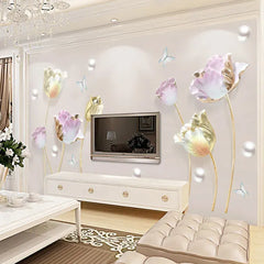Luxury 3D Golden & Pastel Flower Wall Sticker Self-Adhesive Modern Floral Art for Home Décor.