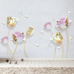 Luxury 3D Golden & Pastel Flower Wall Sticker Self-Adhesive Modern Floral Art for Home Décor.