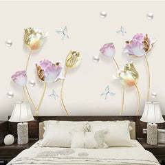 Luxury 3D Golden & Pastel Flower Wall Sticker Self-Adhesive Modern Floral Art for Home Décor.