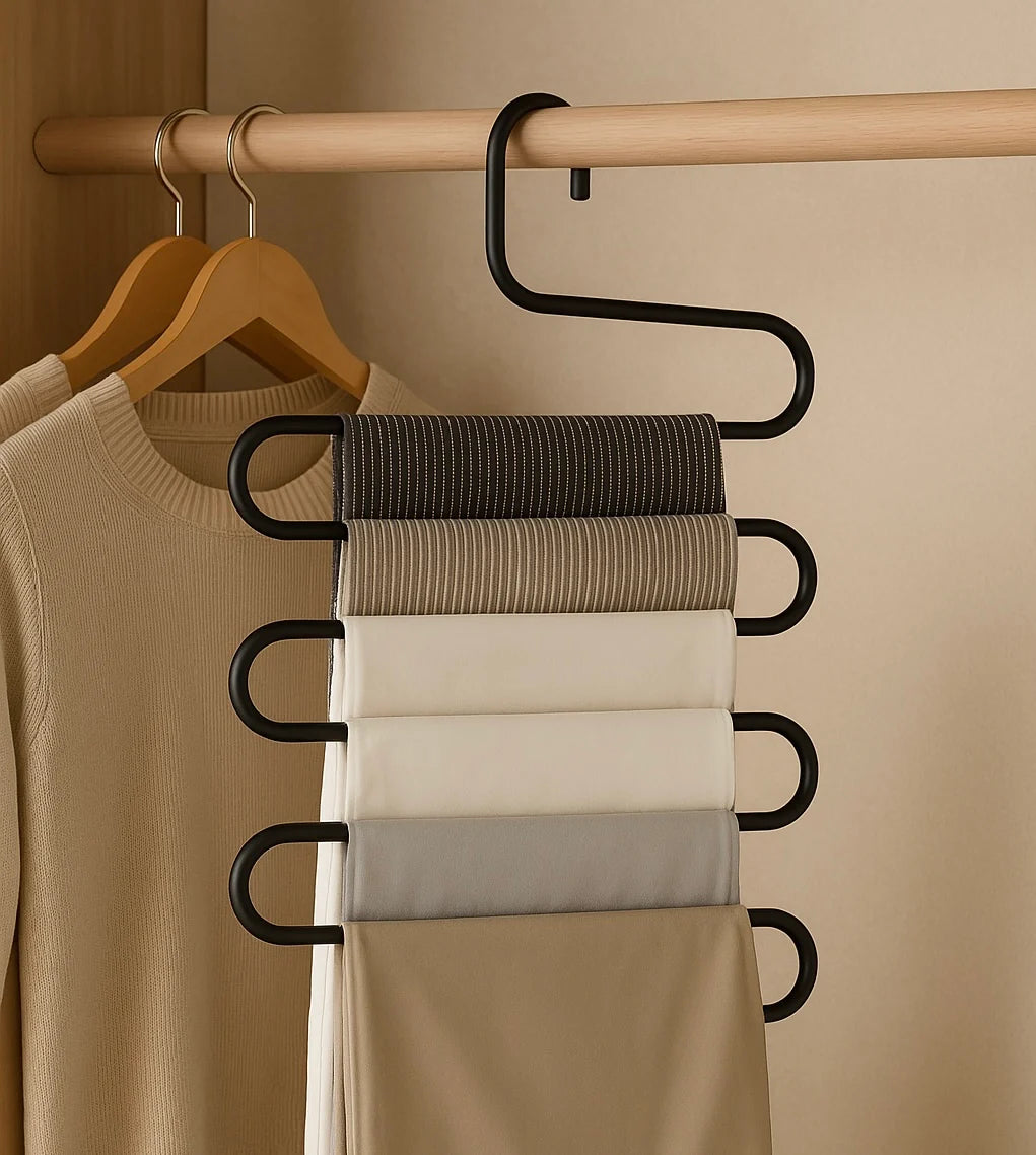 Multi-layer S-shaped metal pants hangers for space-saving closet organization.