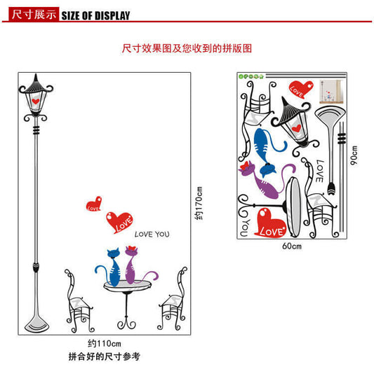 Romantic Cats Lovers In the Street Lamp DIY Removable  Wall Stickers Living Room Decoration Mural Decal PVC Wall Paper