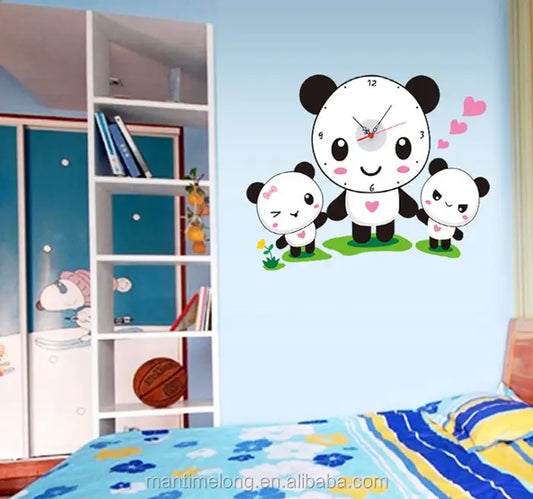 Cute Panda Wall Clock Funny Sticker Clock Design For Kids Room.