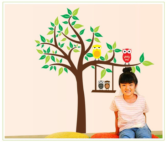 Creative Tree Branch With Cute Colorful Owls Wall Sticker Decor