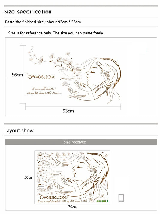 Botanical Woman Face Dandelion Removable Vinyl Wall Sticker Decal