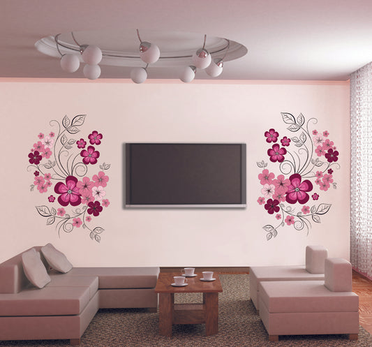 Pink Blossom Wall Sticker Floral Wall Paper Colorful Wall Art Decor For Home PVC Removeable Wall Decal
