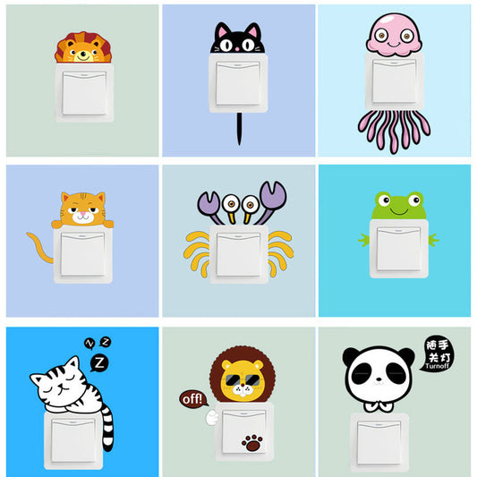 11pcs set Cartoon Animal Panda Lion Frog Cat Switch Sticker Cute Living Room Kids Bedroom Wall Paper PVC Wall Art