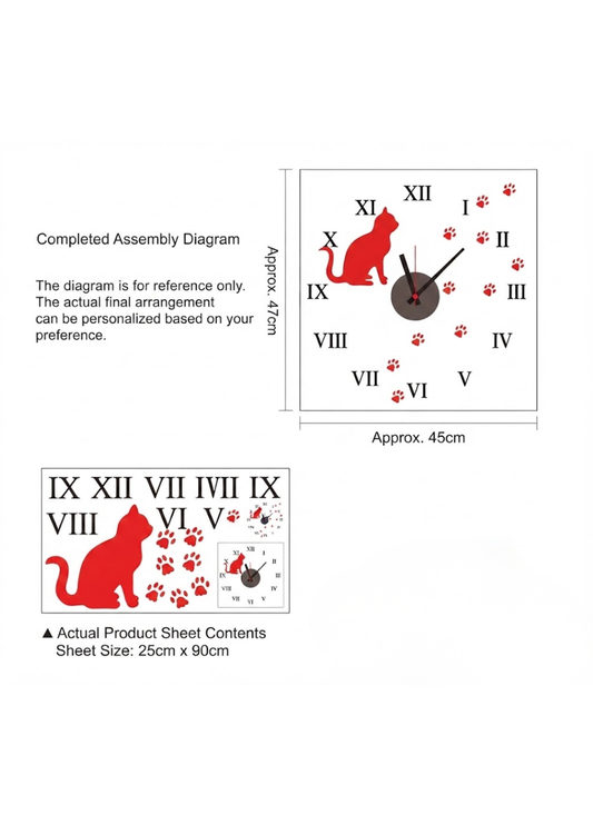 Red Cat Silhouette Wall Clock With Roman Numerals And Pawprints