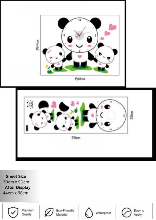 Cute Family Panda Bear Wall Clock Decal For Kids