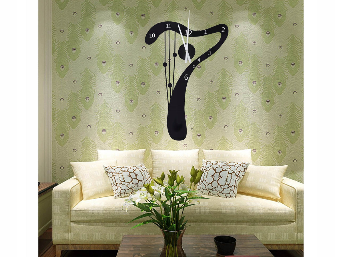 Black Abstract Harp Shape Wall Clock With Numeric Dials And Strings