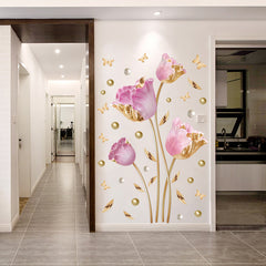 Pink and Gold Tulip Flowers with Butterflies Wall Sticker