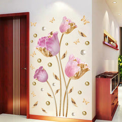Pink and Gold Tulip Flowers with Butterflies Wall Sticker
