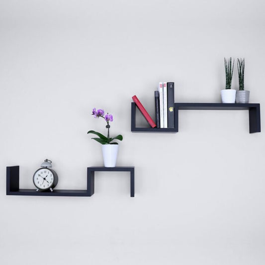 S Shape Floating Wall Shelves Set of 2 MDF Wall Mounted Shelf for Living Room, Bedroom, Office Décor - Display Rack for Cosmetics, Kitchen Wall Storage Unit