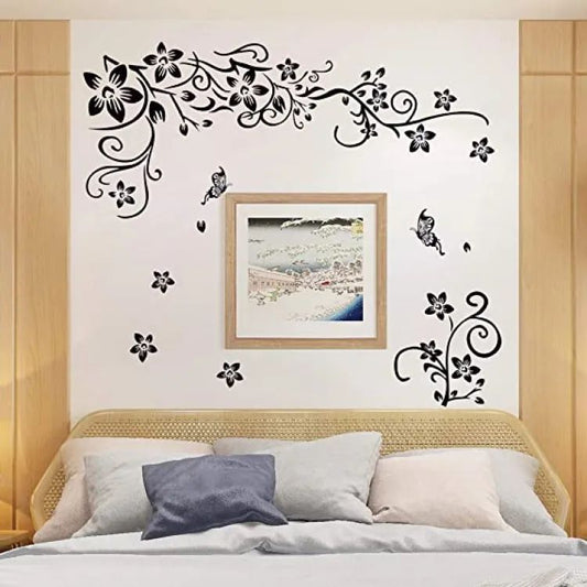 Elegant Black Floral Vine and Butterfly Wall Sticker Decor