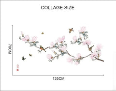 Magnolia Flower Wall Sticker with Birds & Butterflies Elegant Branch Design for Bedroom, Lounge & Study Walls