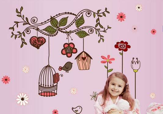 AY-7102 Wall Stickers Flower Bird Cage Wall Paper Sofa Tv Background Wall Bird Floral Wall Paper PVC Removeable Wall Art Decor