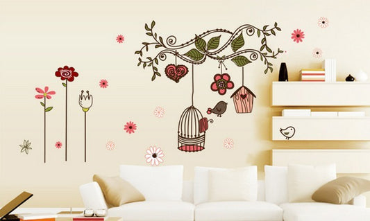AY-7102 Wall Stickers Flower Bird Cage Wall Paper Sofa Tv Background Wall Bird Floral Wall Paper PVC Removeable Wall Art Decor