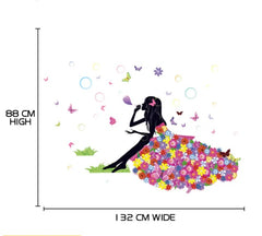 Colorful Flower Dress Girl And Butterflies Removable Wall Decal