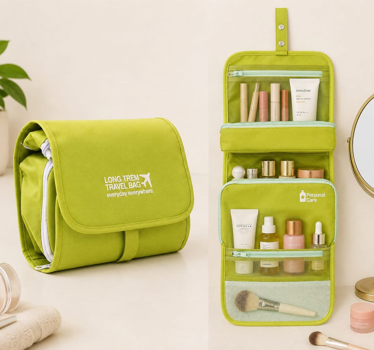 Green Foldable Travel Bag Hanging Toiletry Organizer Storage Pouch