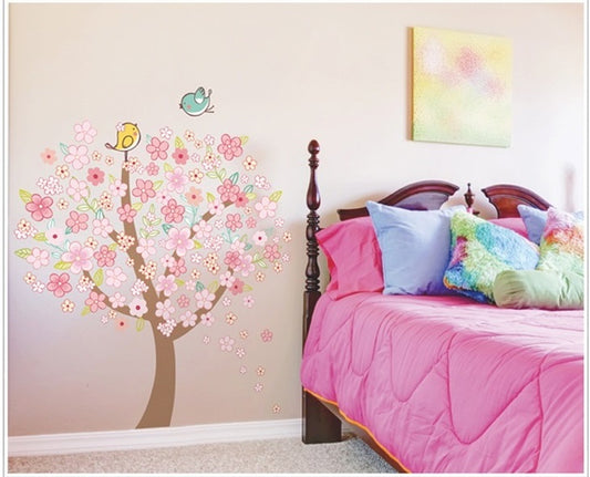 Pink Tree Wall Sticker XY-1131 Colorful Bird Wall Paper Floral PVC Removeable Wall Decor