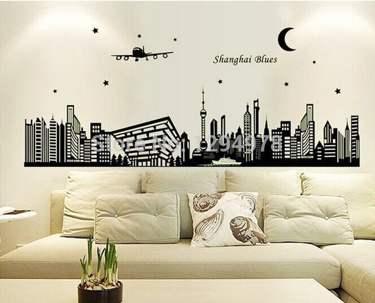 Shanghai Blues Wall Sticker ABQ-9636 Black Building Wall Paper PVC Removeable Wall Art Decor