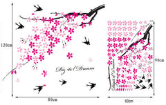 Pink Cherry Blossom Tree Branches with Flying Birds Wall Decal